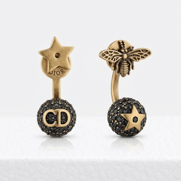 Antique Gold Plated CD Style Bee & Star Asymmetrical Drop Earrings with black diamond balls