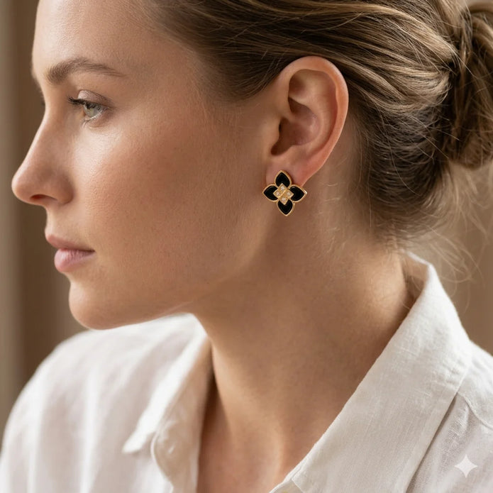 Alphabet RC Gold Plated Black  Petal  Stud Earrings with CZ