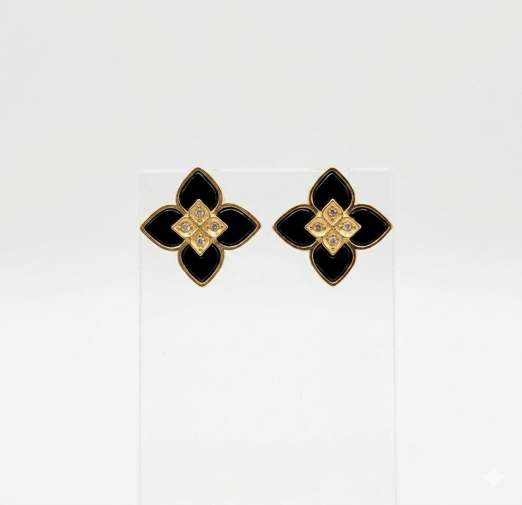 Alphabet RC Gold Plated Black  Petal  Stud Earrings with CZ