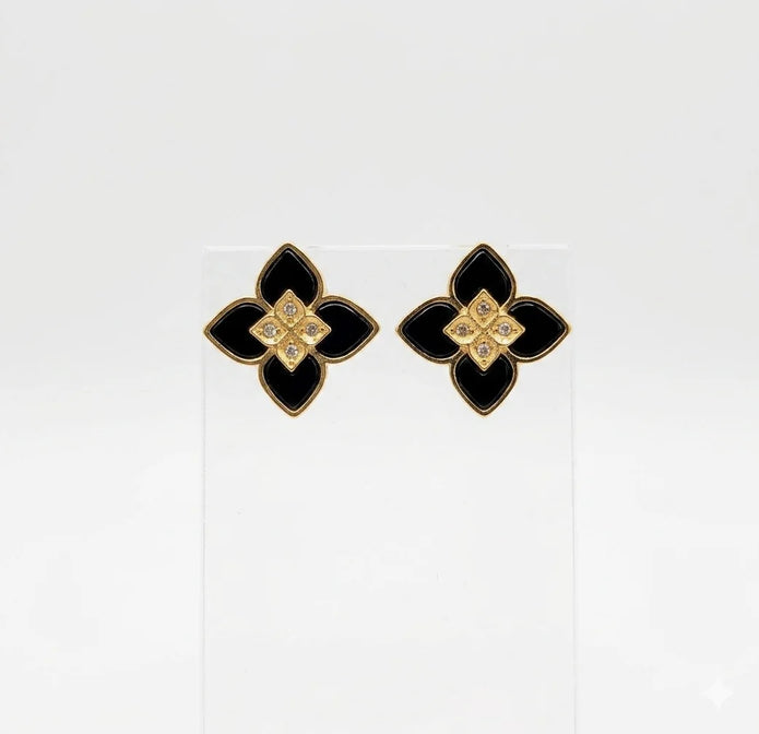 Alphabet RC Gold Plated Black  Petal  Stud Earrings with CZ