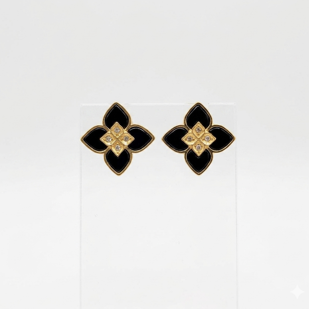 Alphabet RC Gold Plated Black  Petal  Stud Earrings with CZ