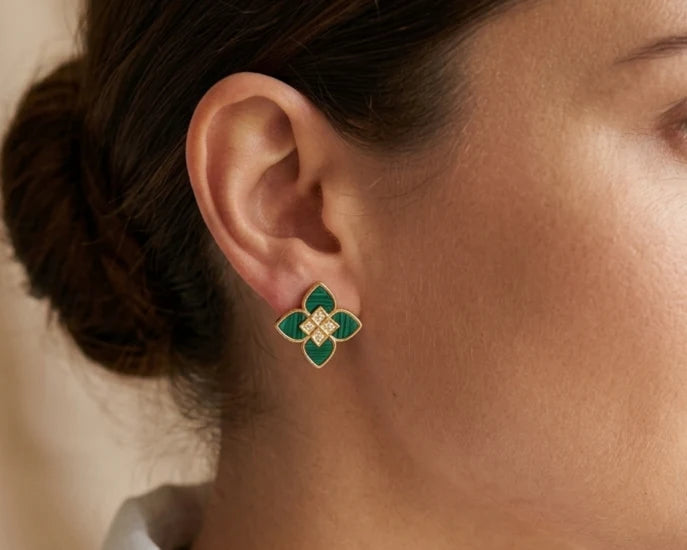 Alphabet RC Gold Plated Green  Petal  Stud Earrings with CZ Accents