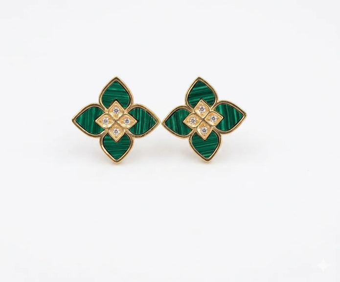 Alphabet RC Gold Plated Green  Petal  Stud Earrings with CZ Accents