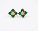 Alphabet RC Gold Plated Green  Petal  Stud Earrings with CZ Accents