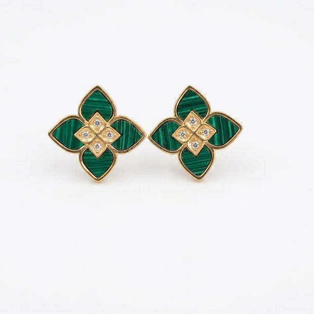 Alphabet RC Gold Plated Green  Petal  Stud Earrings with CZ Accents