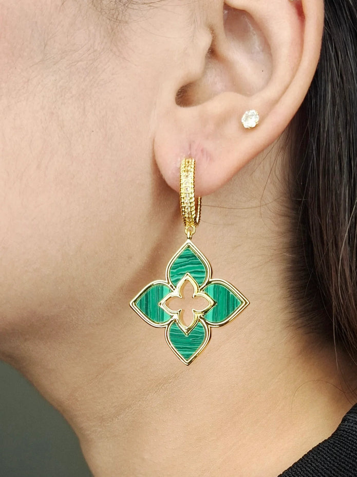 Alphabet RC Gold Plated Green  Plain Clover Drop Earring