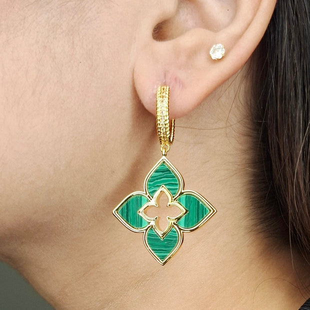 Alphabet RC Gold Plated Green  Plain Clover Drop Earring