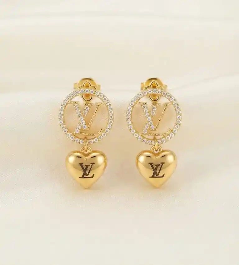 Alphabet LV CZ Heart Drop Earrings