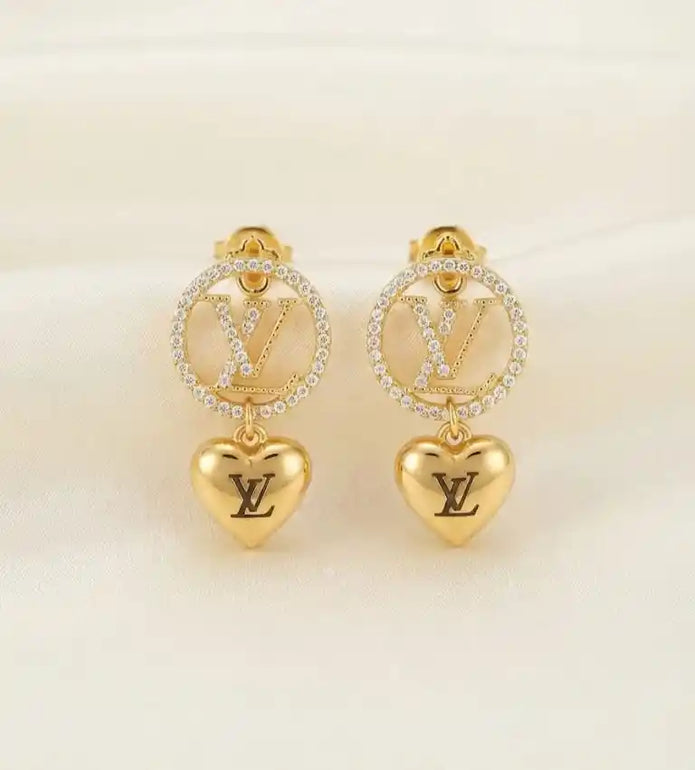 Alphabet LV CZ Heart Drop Earrings