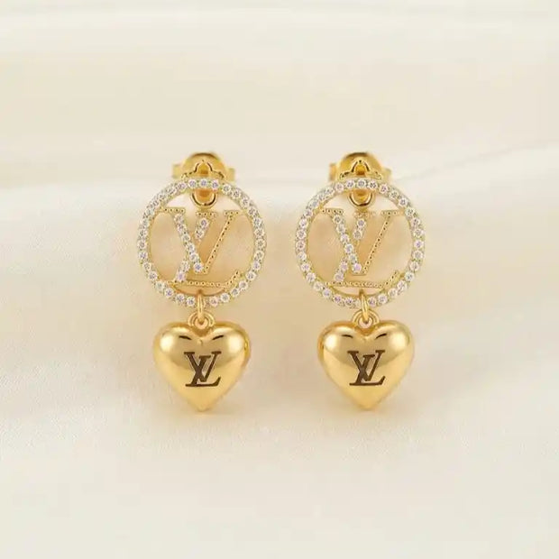 Alphabet LV CZ Heart Drop Earrings