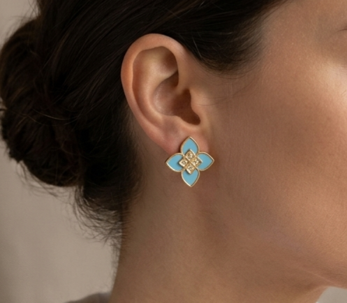 Alphabet RC Gold Plated Sky Blue  Petal  Stud Earrings with CZ Accents