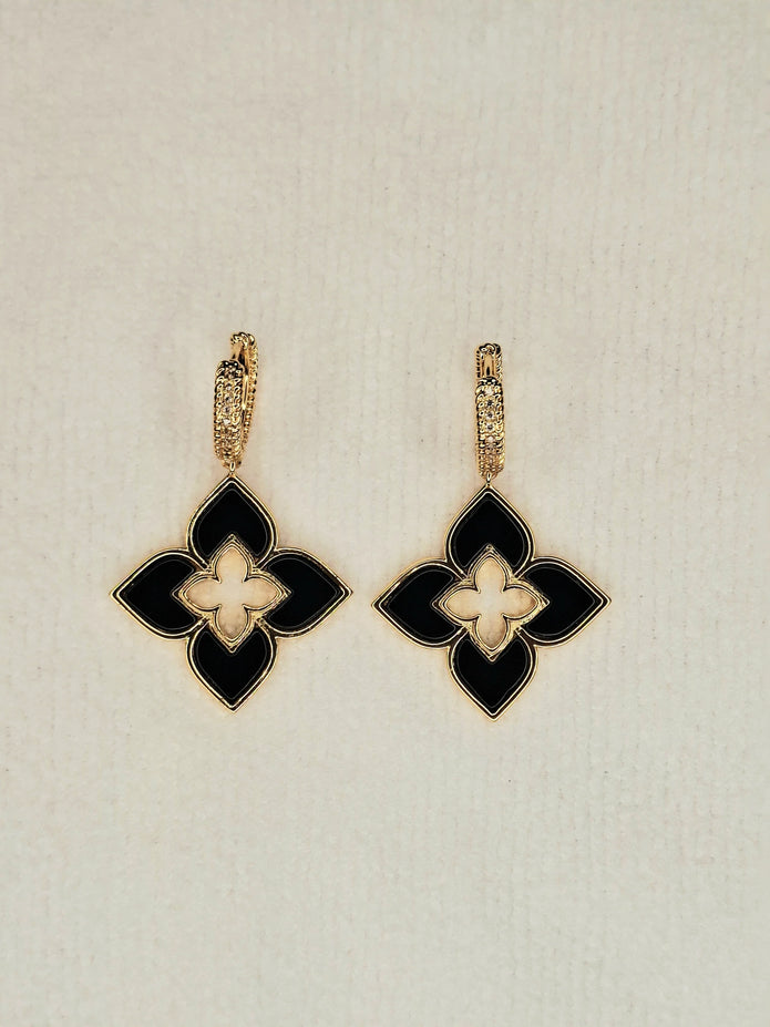 Alphabet RC Gold Plated Black Plain Clover Drop Earring