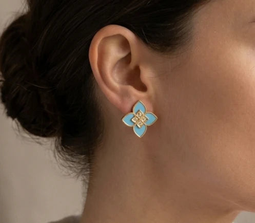Alphabet RC Gold Plated Sky Blue  Petal  Stud Earrings with CZ Accents