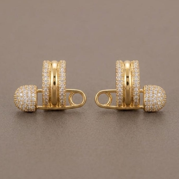Gold Plated CZ Safety Pin Hoop Earrings