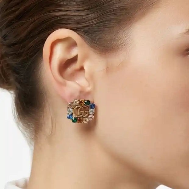 Antique Gold Plated Double G Multicolor CZ Stud Earrings