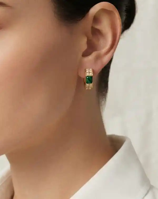 Gold Plated Deep Emerald Green & CZ Huggie Hoop Earrings