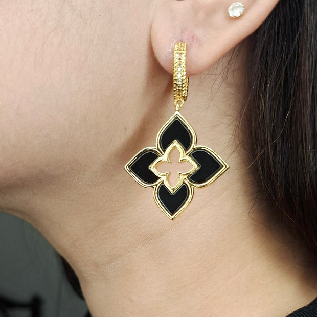 Alphabet RC Gold Plated Black Plain Clover Drop Earring