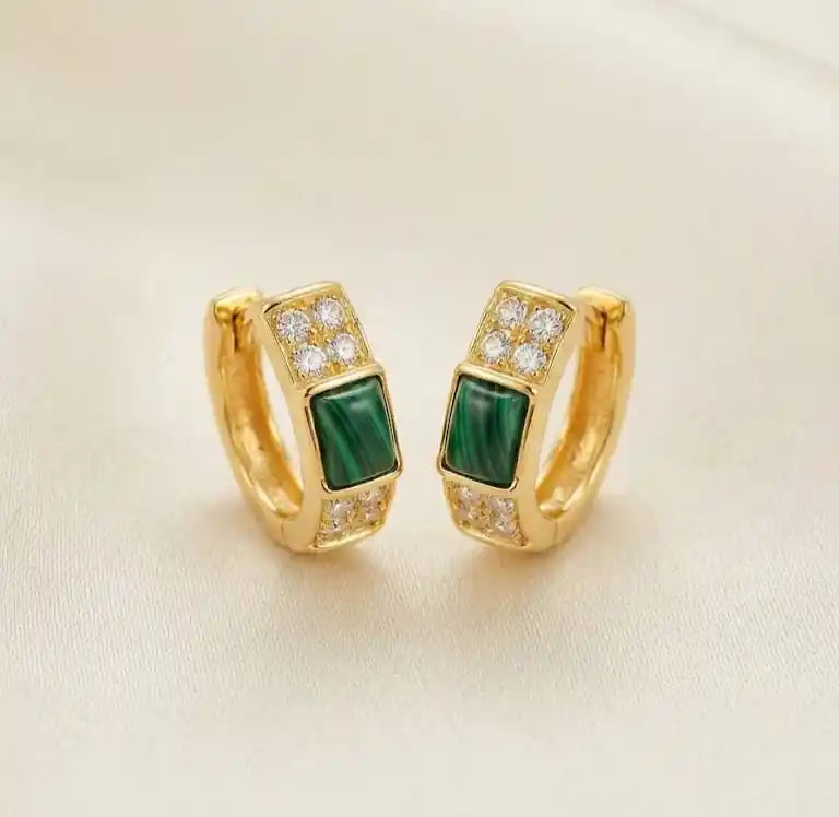 Gold Plated Deep Emerald Green & CZ Huggie Hoop Earrings