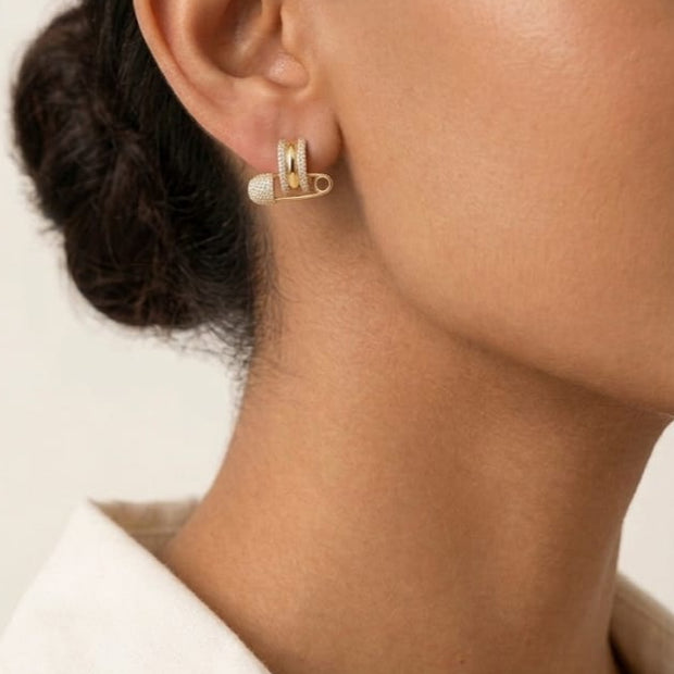 Gold Plated CZ Safety Pin Hoop Earrings