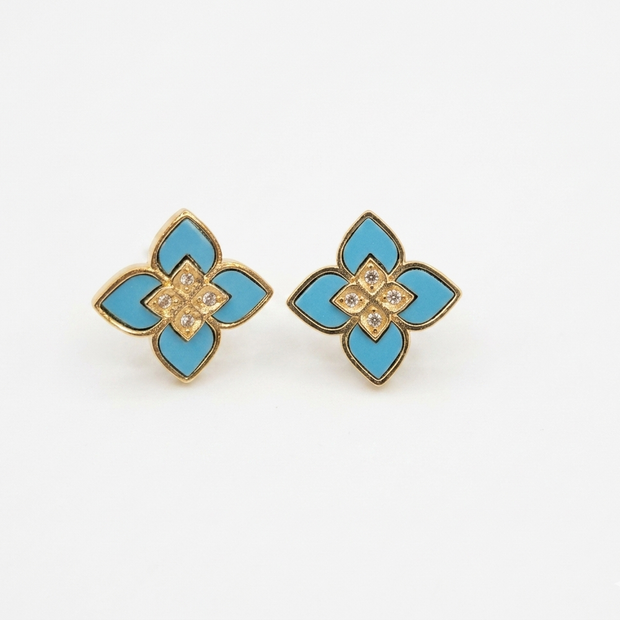 Alphabet RC Gold Plated Sky Blue  Petal  Stud Earrings with CZ Accents