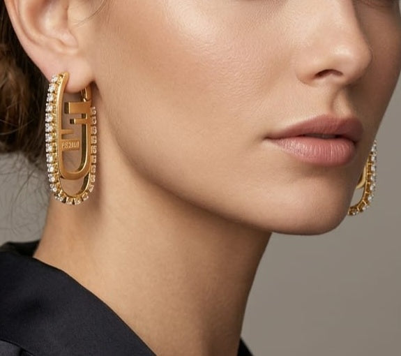 Alphabet F Statement Paperclip CZ Hoop Earrings