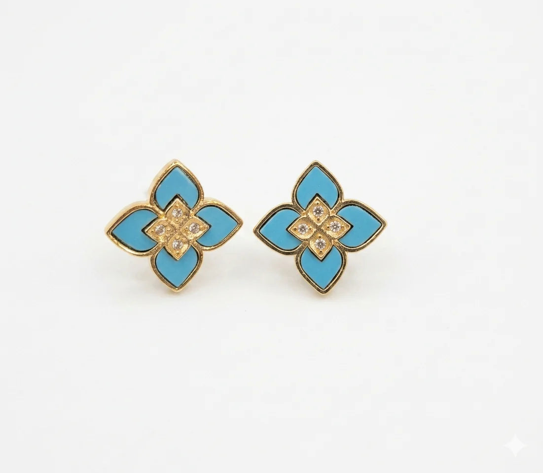 Alphabet RC Gold Plated Sky Blue  Petal  Stud Earrings with CZ Accents