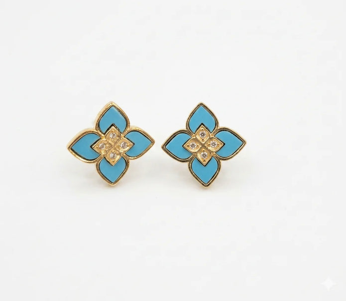 Alphabet RC Gold Plated Sky Blue  Petal  Stud Earrings with CZ Accents