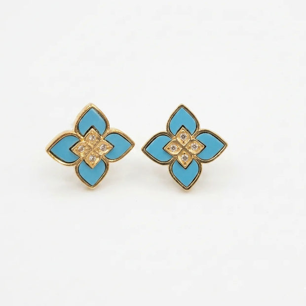 Alphabet RC Gold Plated Sky Blue  Petal  Stud Earrings with CZ Accents
