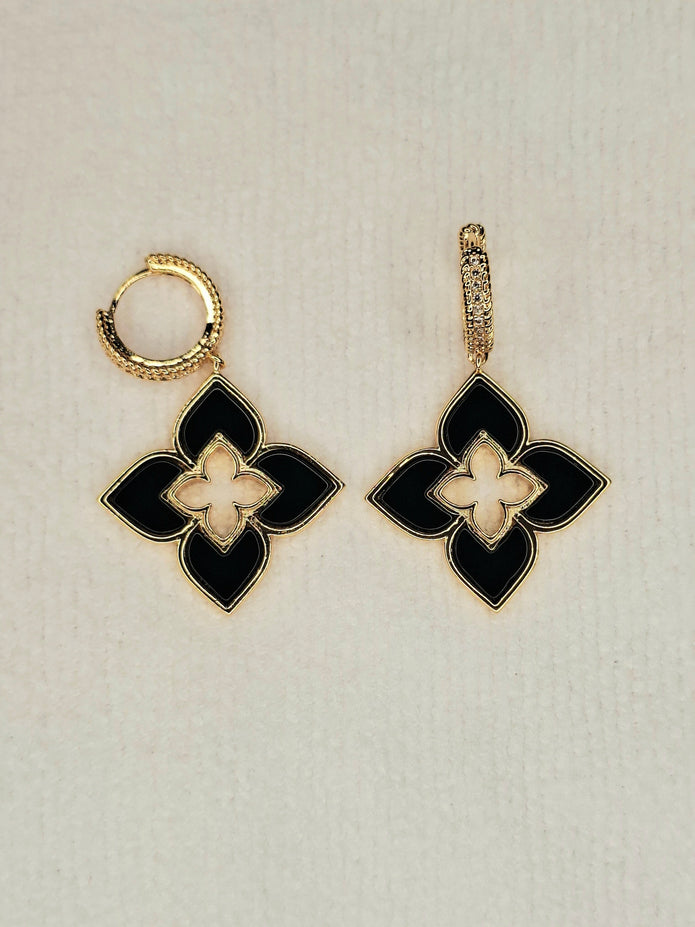 Alphabet RC Gold Plated Black Plain Clover Drop Earring