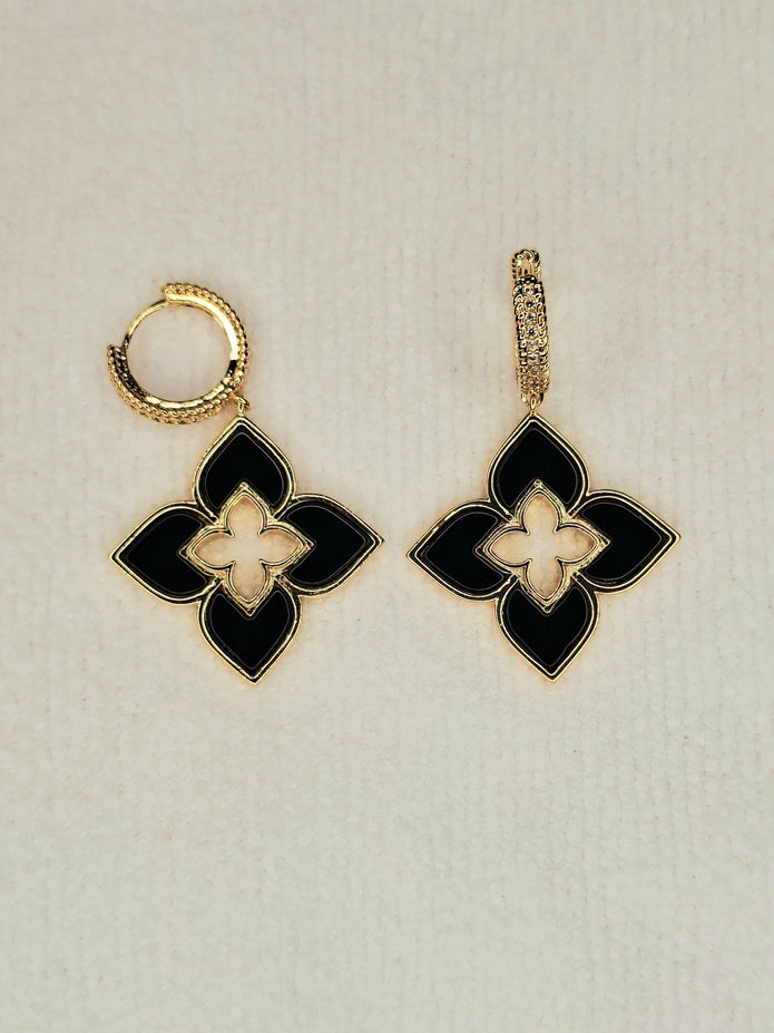 Alphabet RC Gold Plated Black Plain Clover Drop Earring