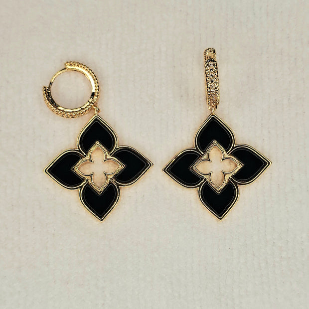 Alphabet RC Gold Plated Black Plain Clover Drop Earring