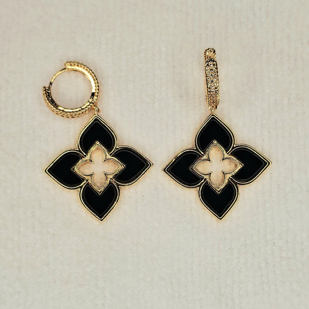 Alphabet RC Gold Plated Black Plain Clover Drop Earring