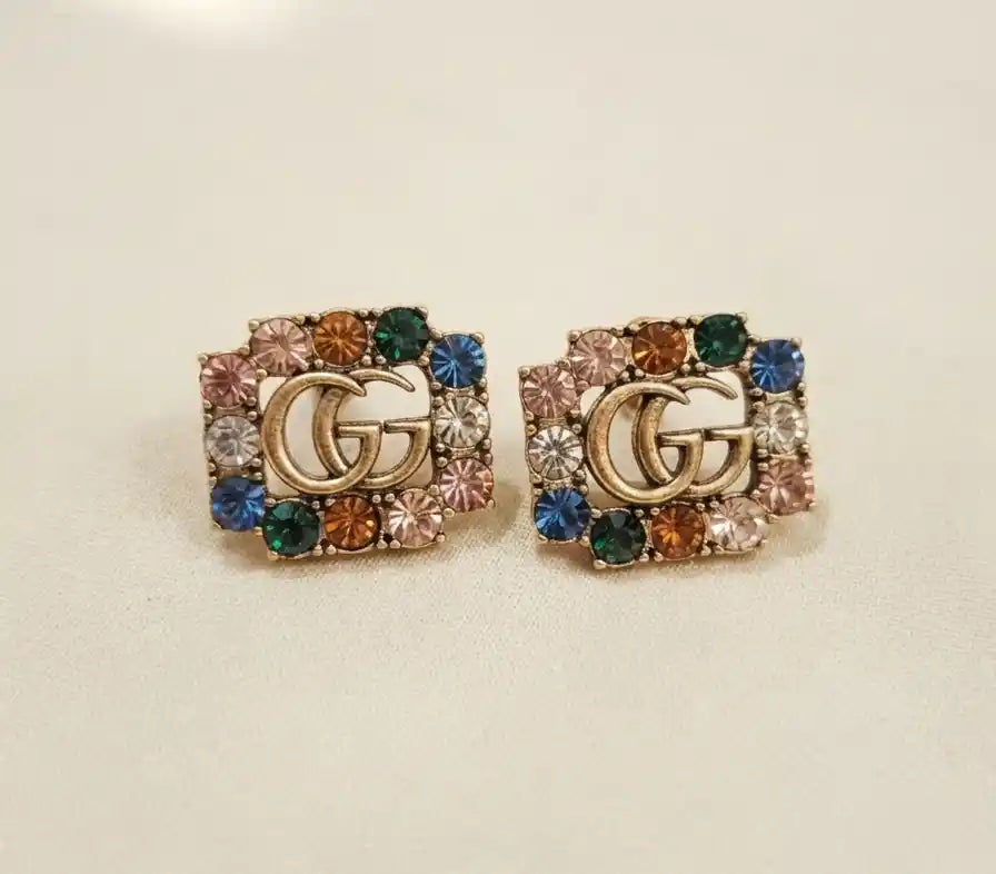 Antique Gold Plated Double G Multicolor CZ Stud Earrings