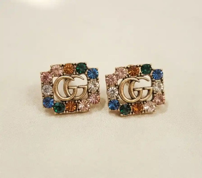 Antique Gold Plated Double G Multicolor CZ Stud Earrings