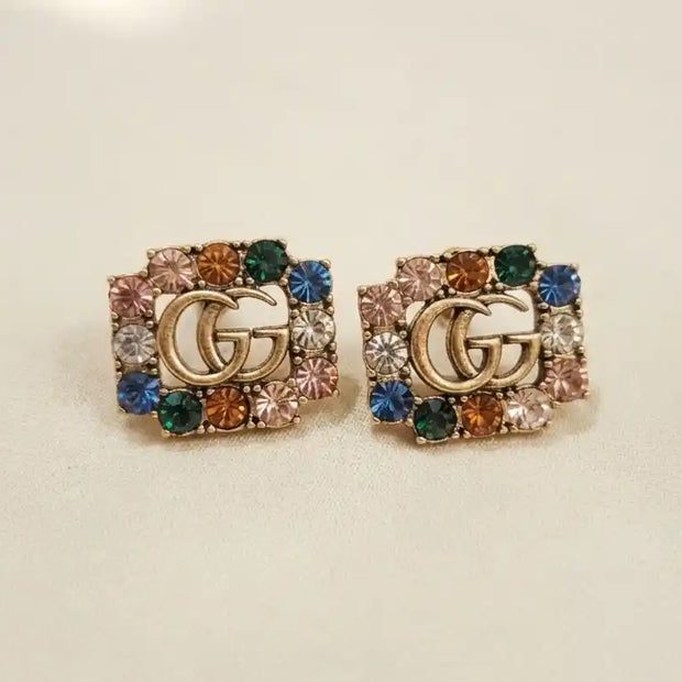 Antique Gold Plated Double G Multicolor CZ Stud Earrings