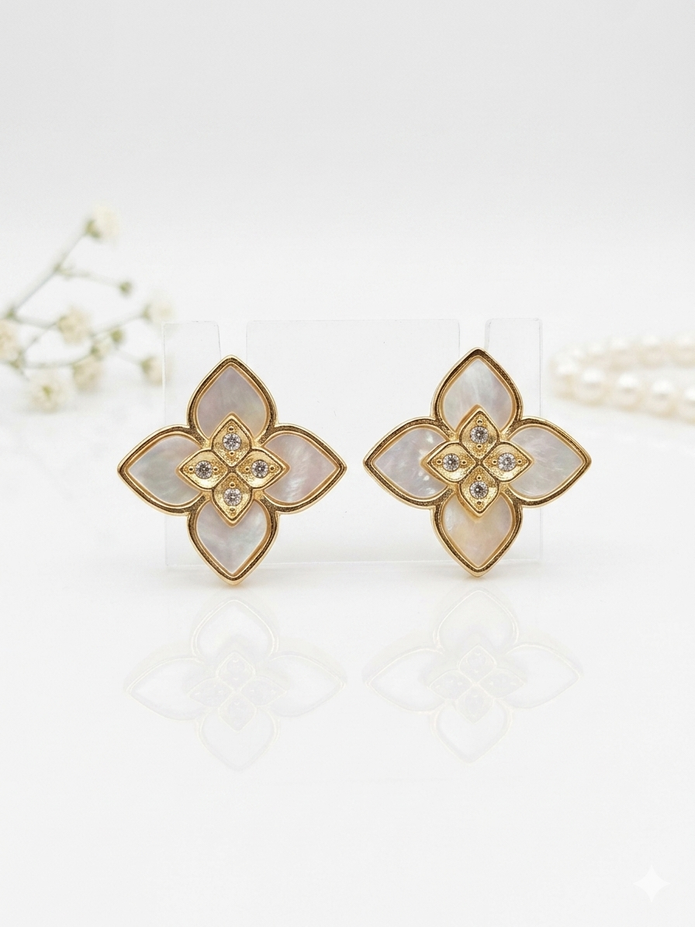 Alphabet RC Gold Plated White  Petal Stud Earrings with CZ Accents