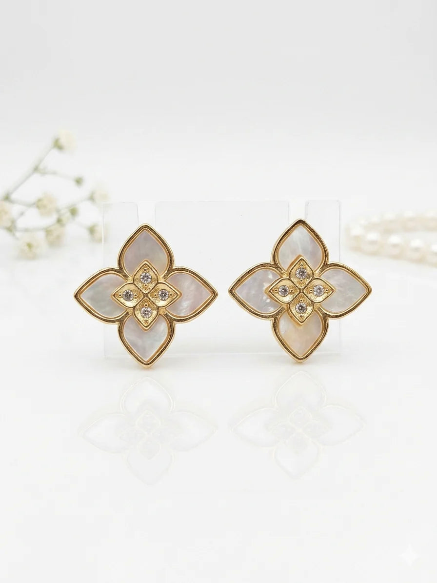 Alphabet RC Gold Plated White  Petal Stud Earrings with CZ Accents