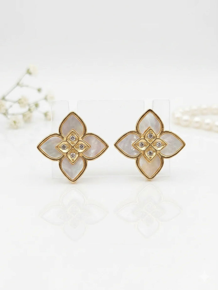 Alphabet RC Gold Plated White  Petal Stud Earrings with CZ Accents