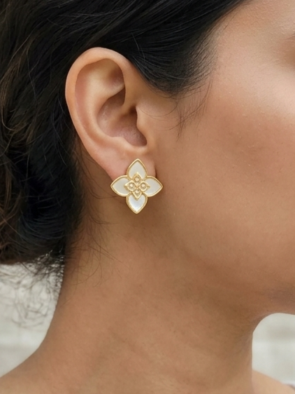 Alphabet RC Gold Plated White  Petal Stud Earrings with CZ Accents