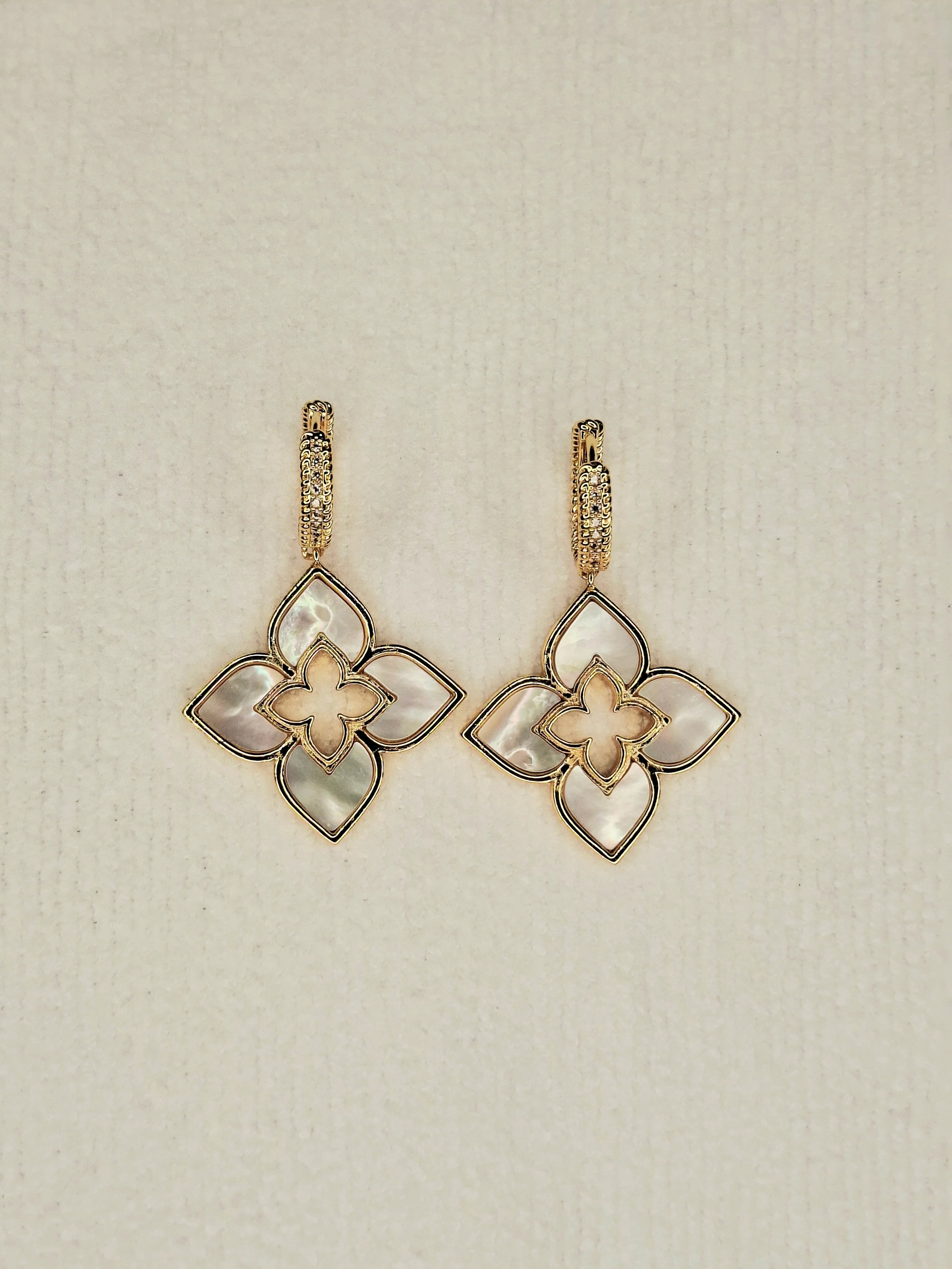 Alphabet RC Gold Plated White  plain Clover Drop Earring