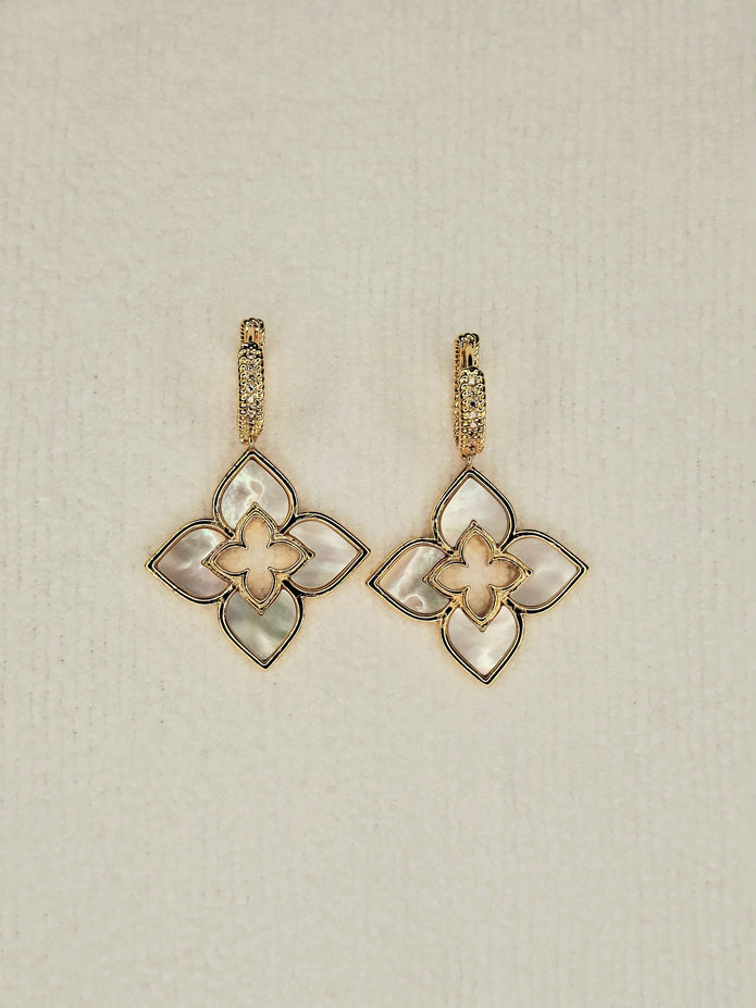 Alphabet RC Gold Plated White  plain Clover Drop Earring