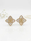 Alphabet RC Gold Plated White  Petal Stud Earrings with CZ Accents