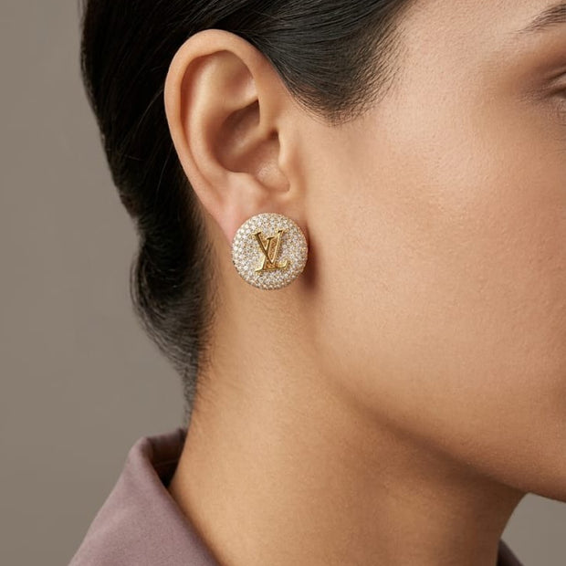 Alphabet LV Gold Plated CZ Stud Earrings