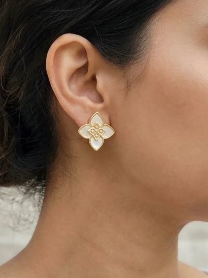 Alphabet RC Gold Plated White  Petal Stud Earrings with CZ Accents