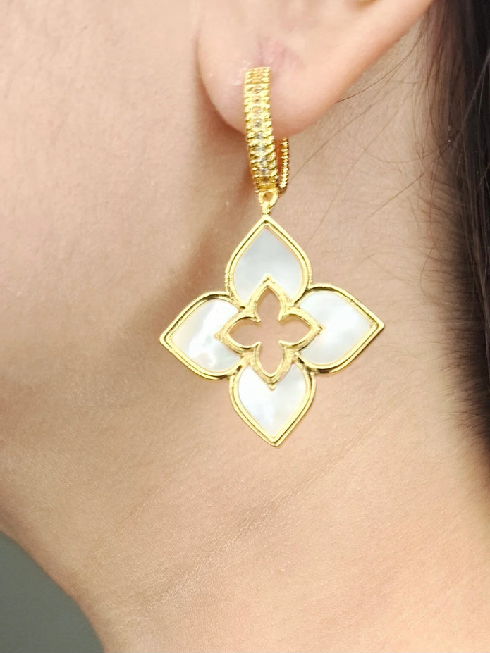 Alphabet RC Gold Plated White  plain Clover Drop Earring