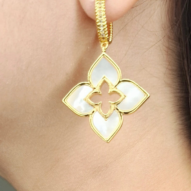 Alphabet RC Gold Plated White  plain Clover Drop Earring