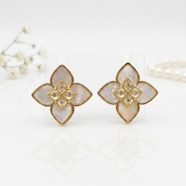 Alphabet RC Gold Plated White  Petal Stud Earrings with CZ Accents