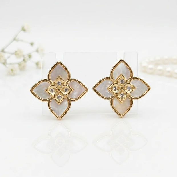 Alphabet RC Gold Plated White  Petal Stud Earrings with CZ Accents