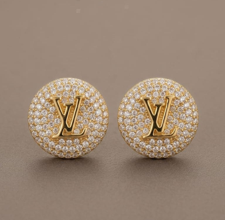 Alphabet LV Gold Plated CZ Stud Earrings