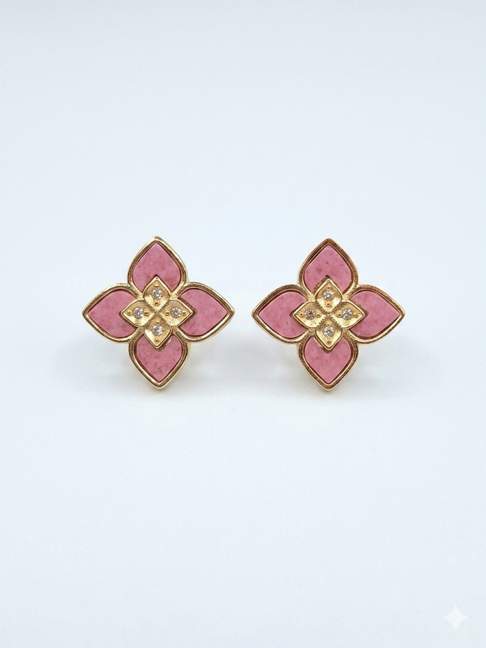 Alphabet RC Gold Plated Pink  Petal  Stud Earrings with CZ Accents